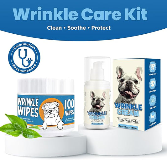 Bulldog Wrinkle Wipes & Cream Combo – Dual‑Texture Dog Face Wipes & Soothing Wrinkle Paste – 100 Wipes + 85 g Cream