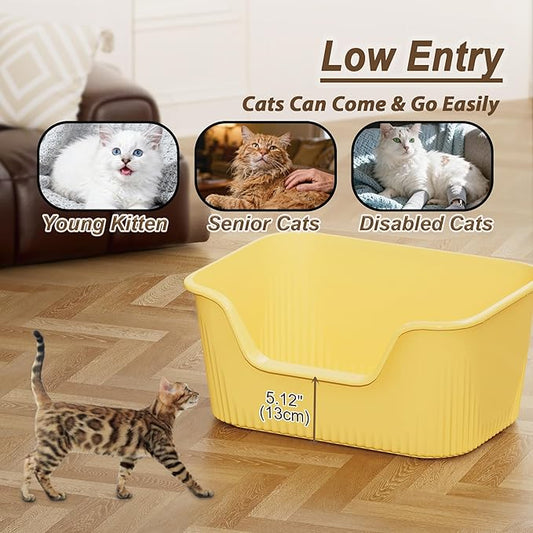 Large Cat Litter Box with High Sides 21.5 * 16.1 * 10.4 inches Big Litter Boxes for Large Cats Easy Clean Open Litter Box, Anti-Splashing&Leak-Proof, Yellow