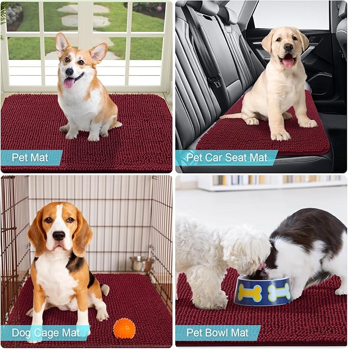 OLANLY Dog Door Mat for Muddy Paws 36x24, Absorbs Moisture and Dirt, Absorbent Non-Slip Washable Mat, Quick Dry Chenille, Mud Mat for Dogs, Entry Indoor Door Mat for Inside Floor, Burgundy