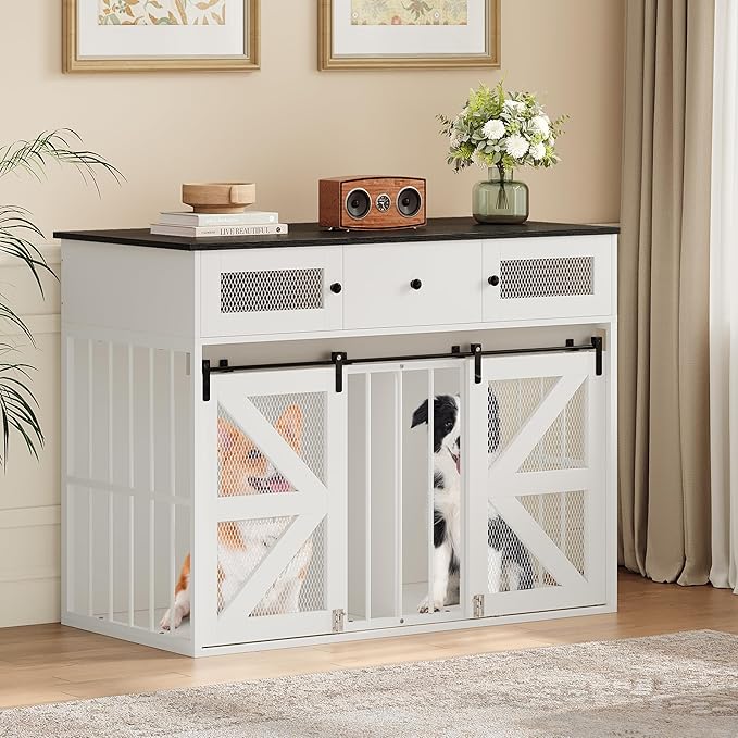 YITAHOME 48" Wooden Dog Crate Furniture with Removable Divider, Large Dog Kennel with Drawers, Double Doors & Locks Design, Dog Crate Furniture TV Stand for Medium Large Dogs