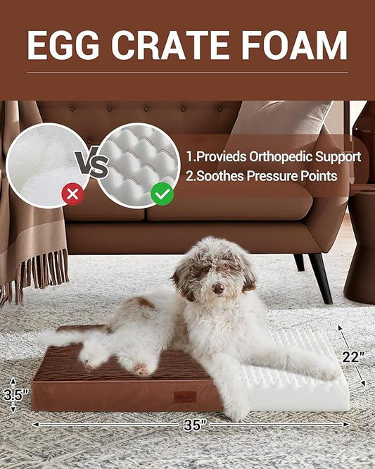 OhGeni 35 Inch Orthopedic Waterproof & Machine Washable Dog Bed with Egg Crate Foam Support, Non-Slip Bottom and Removable Pet Bed Cover for Extra Large, Large, Medium, Small Dogs (Brown)