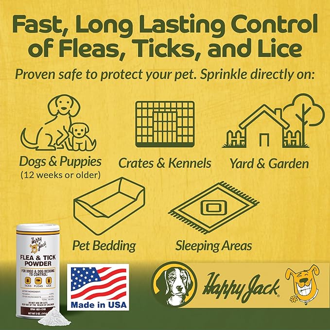Happy Jack Flea and Tick Powder for Dogs & Puppies, Flea Powder for Flea Treatment & Control, Kills Pests, Ticks & Lice, Odorless & Non-Staining, Dust on Sleeping Quarters & Dogs (5 oz)