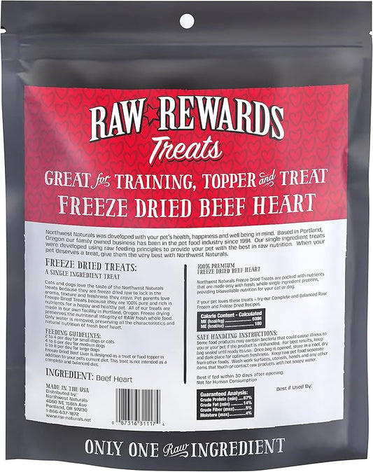 Northwest Naturals Raw Rewards Freeze-Dried Beef Heart Treats for Dogs and Cats - Bite-Sized Pieces - Healthy, 1 Ingredient, Human Grade Pet Food, All Natural - 10 Oz