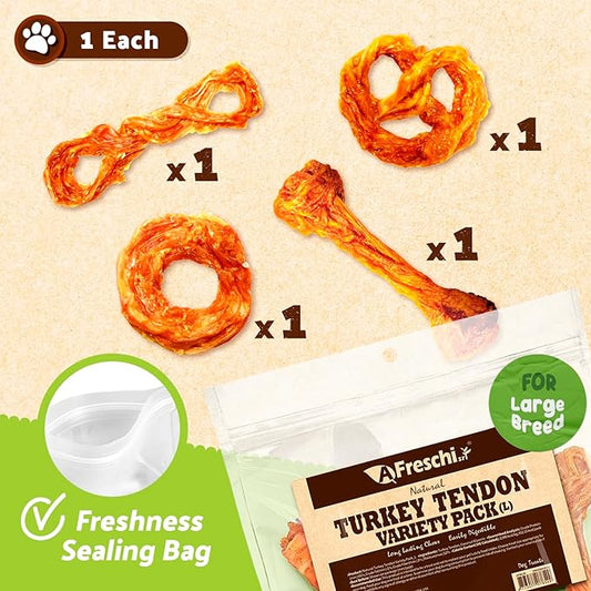 Afreschi Turkey Tendon Dog Treats, 10 oz Variety Pack (for Large Breeds), Turkey Sourced from USA, All Natural Puppy Chew, Hypoallergenic, Rawhide Alternative