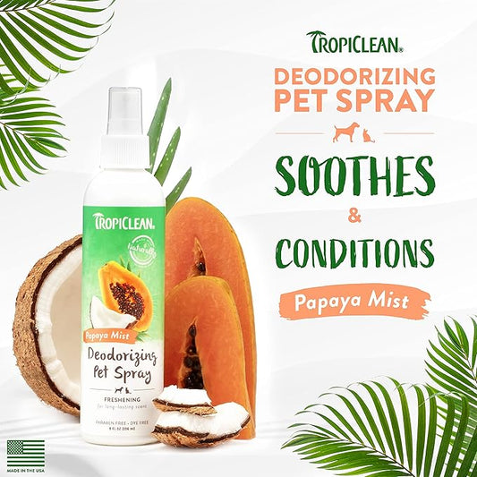 TropiClean Dog Perfume, Long Lasting Papaya Cologne, Deodorizing Spray for Smelly Dogs, After Bath Detangling Spray with Vitamin E, Safe for Cats, 8oz.