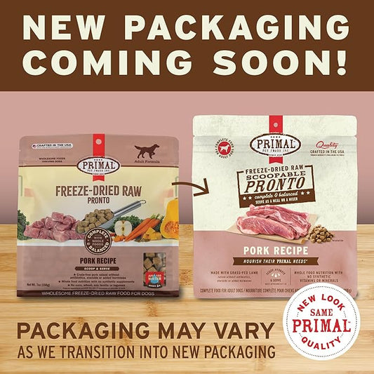 Primal Freeze Dried Dog Food Pronto, Pork; Scoop & Serve, Complete & Balanced Meal; Also Use As Topper or Treat; Premium, Healthy, Grain Free, High Protein Raw Dog Food (16 oz)