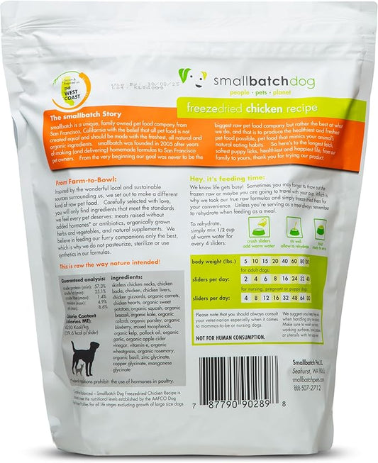smallbatch Pets Freeze-Dried Premium Raw Food Diet for Dogs, 25oz, Chicken Recipe, Bulk Bag, Made in The USA, Organic Produce, Humanely Raised Meat, Hydrate and Serve Patties, Wholesome & Healthy