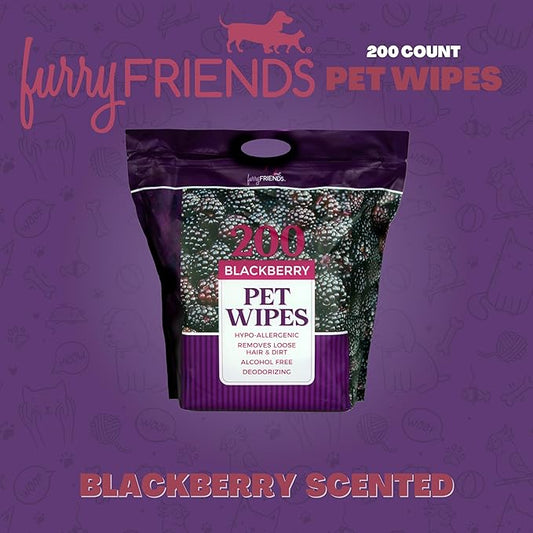 FurryFriends Pet Wipes | BlackBerry | Hypo-allergenic | Alcohol Free| Deodorizing | Removes Loose Hair & Dirt | Incredibly Clean | 200 ct. 1 Pack