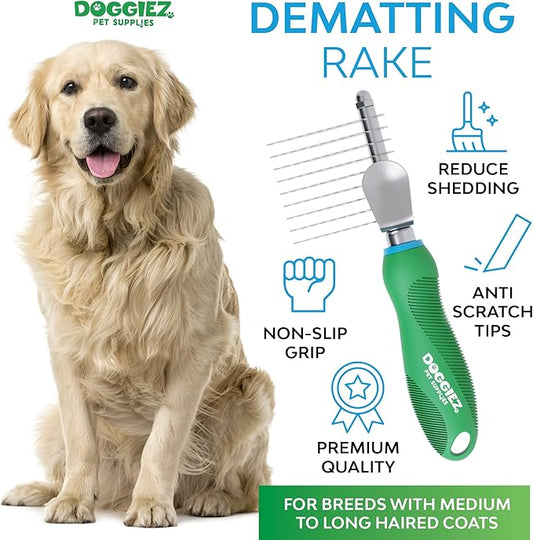 Pet Dematting Comb for Dogs & Cats - Long Hair to Medium with Safety Edge Matted Fur Rake Blades - Undercoat Mat, Tangle & Knot Remover Grooming Tool - Detangler Rake Brush