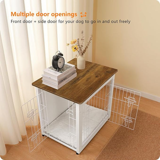 DWANTON Dog Crate Furniture with Cushion, Wooden Dog Crate with Double Doors, Dog Furniture, Dog Kennel Indoor for Small Dog,End Table, 27.2" L, White+Warm Brown