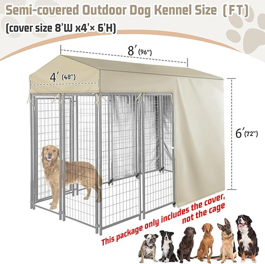 Outdoor Dog Kennel Cover Half Coverage for 8'Dx4'Wx6'H 600D Heavy Duty Waterproof Kennel Covers for Dog Cages(Cover Only) Khaki