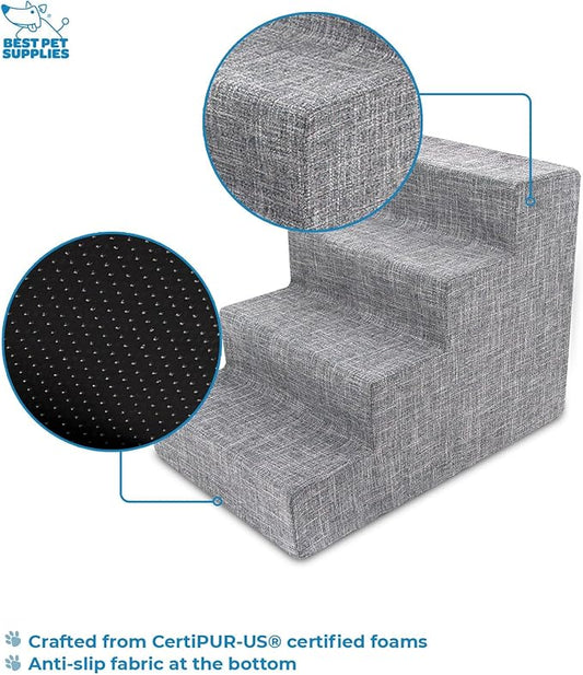 Best Pet Supplies Dog Stairs for Small Dogs & Cats, Foam Pet Steps Portable Ramp for Couch Sofa and High Bed Non-Slip Balanced Indoor Step Support, Paw Safe - Ash Gray Linen, 4-Step