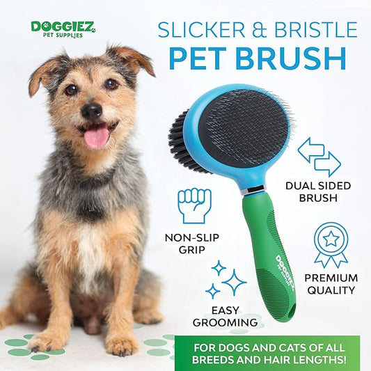 Double Sided Grooming Brush for Dogs & Cats - Pin Slicker Bristle Brush for Long & Short Hair, Puppy Undercoat Grooming
