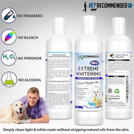 OMG Extreme Dog Whitening Shampoo (16 Oz) - Coconut Based 100% Safe - Free from Soaps, Detergent, Bleach & Fragrance - Make Your Dog's Coat Clean, Silky and Smooth. Made in USA