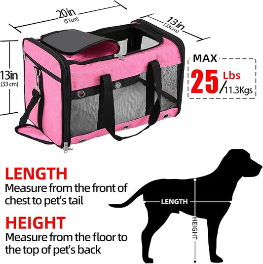 Soft Sided Cat/Dog Carrier,Collapsible Pets Travel Carriers for Pet/Puppy with Shoulder Strap & Removable Mat,Mesh Top Load Small Dogs/Cats Carry Bag Up to 25 Lbs(Pink,L)