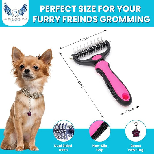 Pet Comb Stainless Steel Double-Sided Shedding Demitting Cat Dog Rake Pet Brush With Stainless Steel Dog Tag, Paw Pet Stainless (Pink)