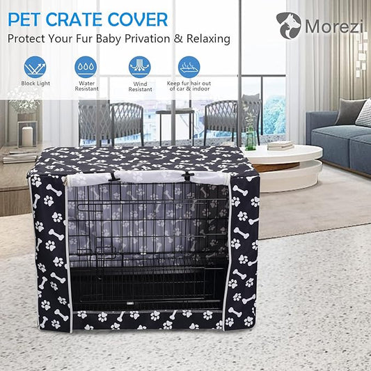 Morezi Dog Crate Cover for Wire Crates,Cage, Heavy Nylon Durable Waterproof Windproof Pet Kennel Cover Indoor Outdoor Protection - Cover only - Black Paw Bone - Large