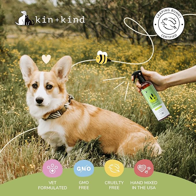 kin+kind Plant Based Flea and Tick Spray for Dogs and Cats – Essential Oil Formula with Lemongrass – Flea and Tick Prevention for Cats, Kittens, Puppies & Dogs - Pet Supplies - Family Safe – 12 fl oz