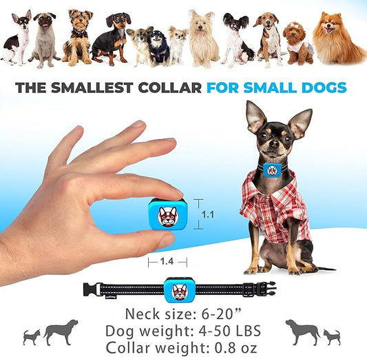 Small Dog Bark Collar Rechargeable - Smallest Bark Collar for Small Dogs 5-15lbs - Most Humane Stop Barking Collar - Dog Training No Shock Anti Bark Collar - Pet Bark Control Device (Blue)