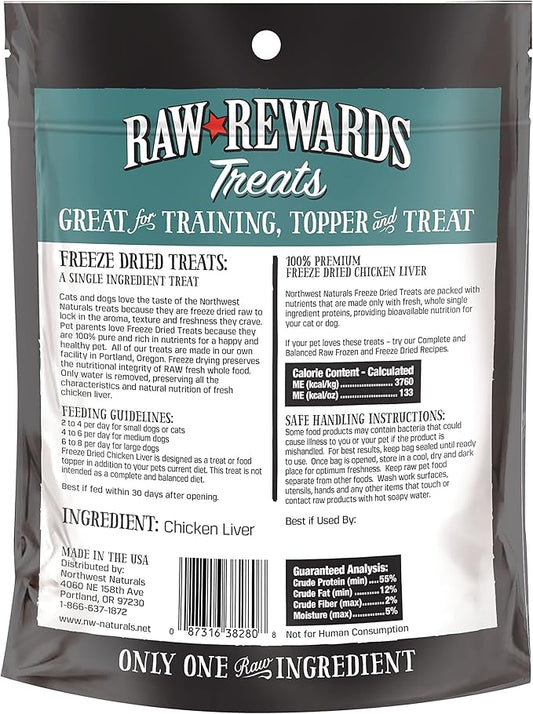 Northwest Naturals Raw Rewards Freeze-Dried Chicken Liver Treats for Dogs and Cats - Bite-Sized Pieces - Healthy, 1 Ingredient, Human Grade Pet Food, Natural - 3 Oz (Pack of 3)