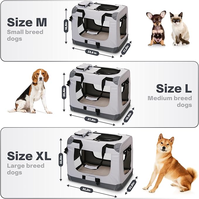 Folding Medium Dog Carrier (23,6"*16,5"*17,3") Pet Carrier, Soft Dog Crate with 3 Durable Tear-Resistant Mesh Window, Soft Pad and Bag for Supplies, Travel Crate Kennel for Pets (Gray)