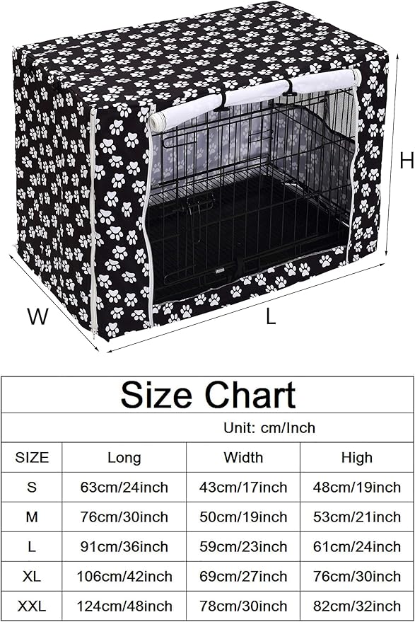 Dog Crate Cover for Wire Crates, Heavy Nylon Durable Waterproof Windproof Pet Kennel Cover Indoor Outdoor Protection - Cover only - Black Paw - XXLarge, 48-Inch