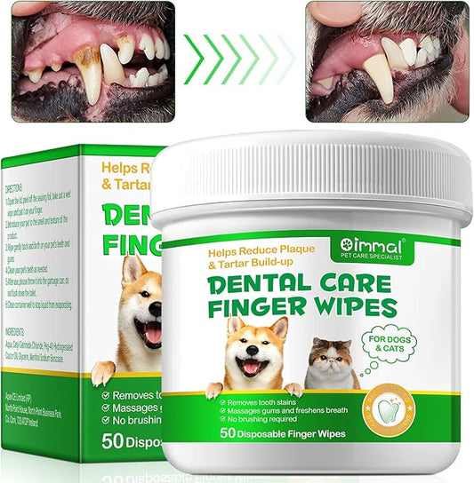 Teeth Cleaning Wipes for Dogs & Cats, Reduces Plaque & Freshens Breath Finger Wipes, Disposable Gentle Cleaning & Gum Care Pet Wipes (50PCS-Finger Cots)