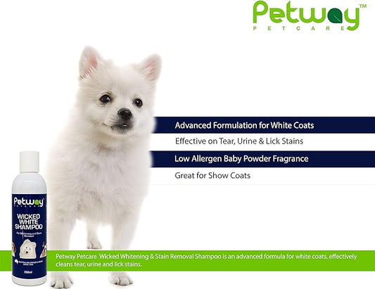 Petcare Wicked White Whitening & Stain Removal Shampoo for Dogs with White Coat, Deep Cleanse to The Coat & Skin, Free of Phosphates & Parabens, pH Balanced, Removes Dirt & Odor, 250ml