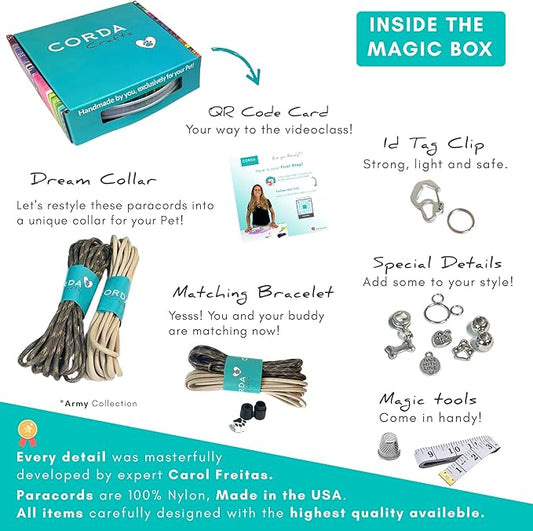 CORDA Crafts - Paracord Kit - Complete Accessories for Making Necklace Dog and Owner Matching Bracelet - Easy Video Tutorial - Waterproof Pet ID Tag Clip Included - Large Dog, Army