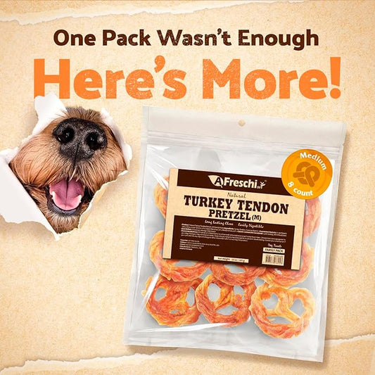 Afreschi Natural Turkey Tendon Pretzel (M) 10 oz, Turkey Sourced from USA, All Natural Puppy Chew, Hypoallergenic, Rawhide Alternative, for Medium Breeds