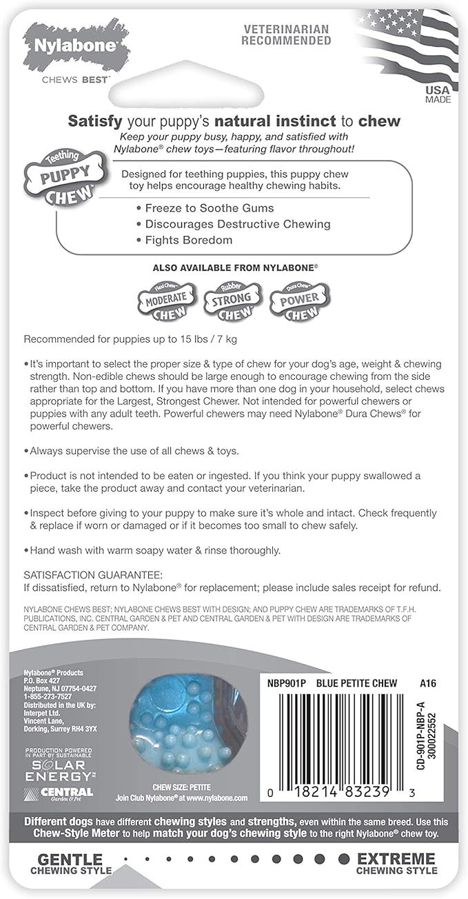 Nylabone Puppy Teething and Soothing Chew Toy - Puppy Chew Toys for Teething - Puppy Supplies - Chicken Flavor, Blue, X-Small/Petite (1 Count)