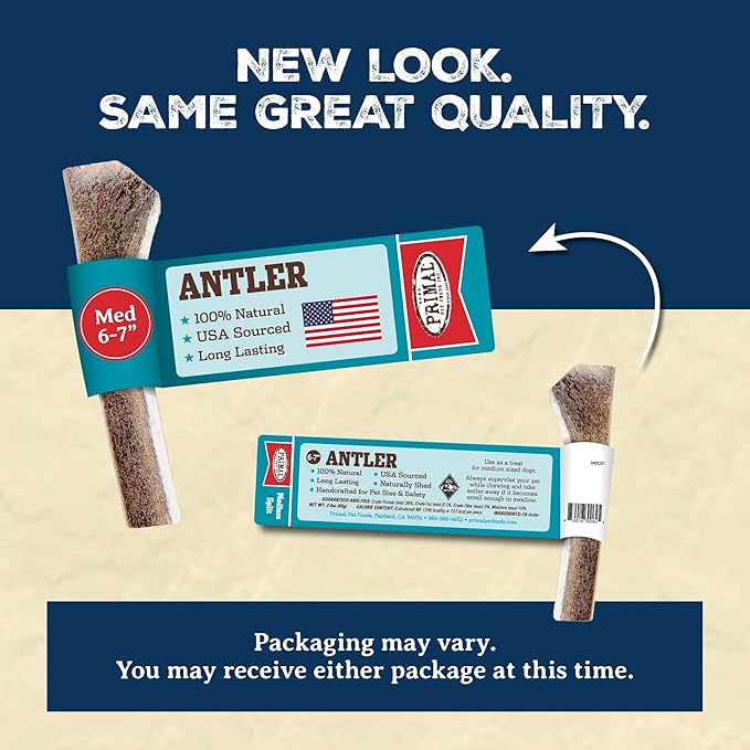 Primal Antlers for Dogs - Grade A Split Elk Antlers for Medium Dogs 15-30 lb - Natural Dog Chews for Aggressive Chewers - Naturally Shed Antlers - Long Lasting Dog Bones - 1 ct