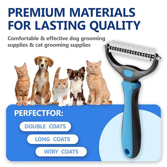 Pet Grooming Comb - Double-Sided Deshedding Tool, Undercoat Rake for Dogs, Dematting Comb for Cats, Extra Wide Brush for Long Haired Dogs & Cats (BLUE)