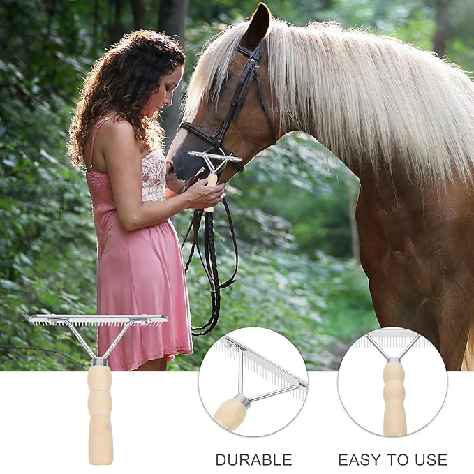 iplusmile Dematting Brush Rake Comb - Gentle Undercoat Scrubber for Horses, Dogs with Shedding Fur, and Pet Grooming, Wood Handle