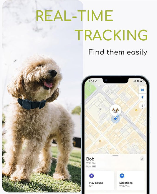 Dog Tracker, TRESBUNNY Smart Dog Collar with Real-time Pet Location, Cat Tracker Collar (iOS Only), No Monthly Fee & Long Battery Life, Works with Find My, Ideal for Dog/Cat (Black)