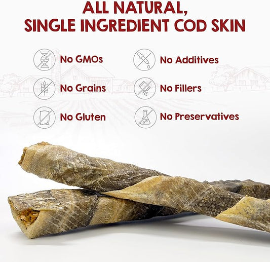 Riley's Cod Skins for Dogs - Air Dried Single Ingredient Dog Treats - Long, Hand Wrapped Cod Skin Dog Treats - Sustainably Caught in Iceland - 2 Pack 10 inch Chew Sticks