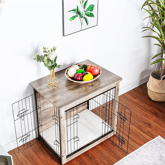 DWANTON Dog Crate Furniture with Cushion, Wooden Dog Crate with Double Doors, Dog Furniture, Dog Kennel Indoor for Small/Medium/Large Dog,End Table, Small, 27.2" L, Greige