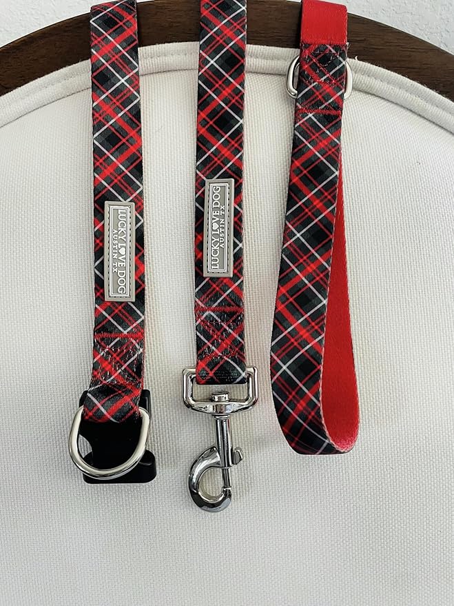 Lucky Love Dog Collar and Leash Set, Beautiful Evergreen Dog Collar, Vivid Berry Plaid Dog Collar for Boy and Girl Dogs - (Medium, Heywood Combo)