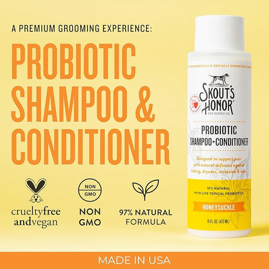 Skout's Honor Probiotic Pet Shampoo & Conditioner with Avocado Oil & Omega-3s, 97% Natural, Paraben & Sulfate-Free, Cruelty-Free, 16oz, Honeysuckle 2-Pack