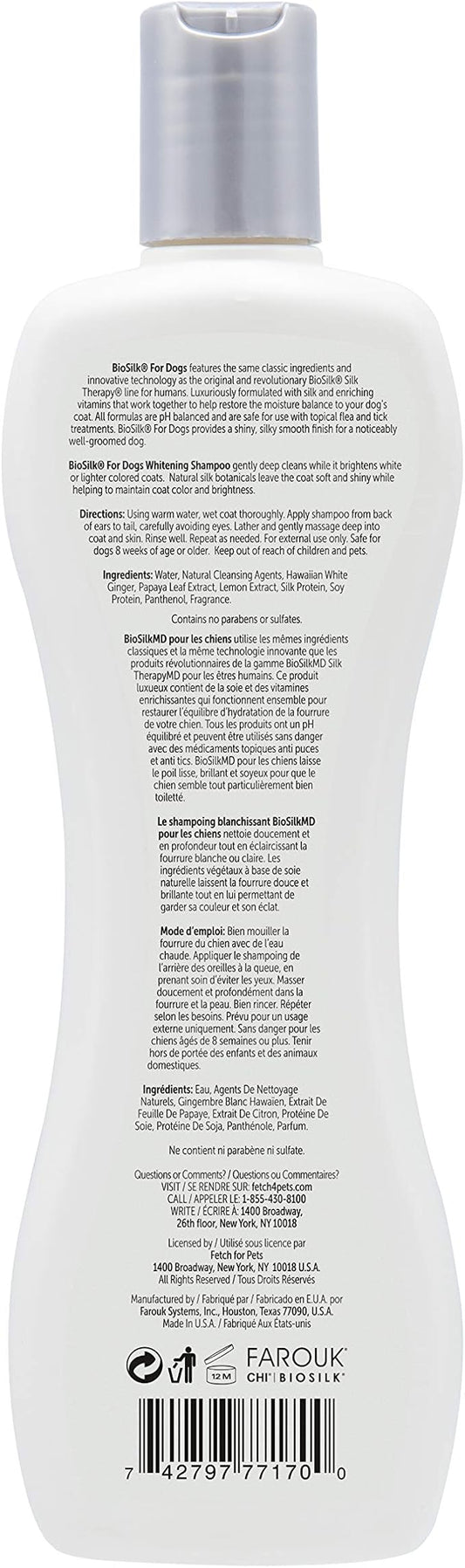 BioSilk Silk Therapy Whitening Dog Shampoo for Dogs - Pet Safe Grooming and Brightening Shampoo for a Bright White Coat - Dog Wash Enhances Shine and Softness, 12 Fl Oz