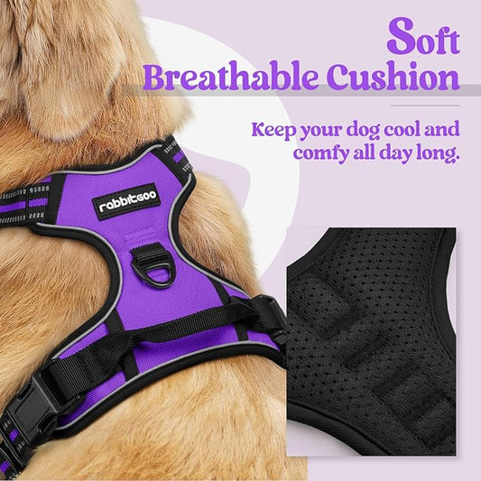 rabbitgoo Dog Harness, No-Pull Pet Harness with 2 Leash Clips, Adjustable Soft Padded Dog Vest, Reflective No-Choke Pet Oxford Vest with Easy Control Handle for Large Dogs, Purple, L