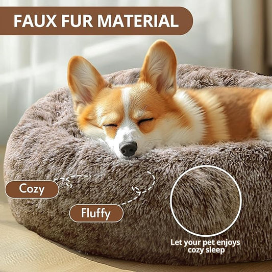 JOLLYVOGUE Dog Beds for Medium Dogs, Anti-Anxiety Washable Round Bed, Calming Donut Dog Cat Bed for Puppy Bed, Fluffy Dog Beds for Medium Dogs, Round Puppy Bed for Indoor Pet (28"/Smoke Brown
