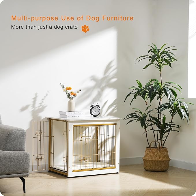 DWANTON Dog Crate Furniture with Cushion, Wooden Dog Crate with Double Doors, Dog Furniture, Dog Kennel Indoor for Small/Medium/Large Dog,End Table, Small, 27.2" L, White