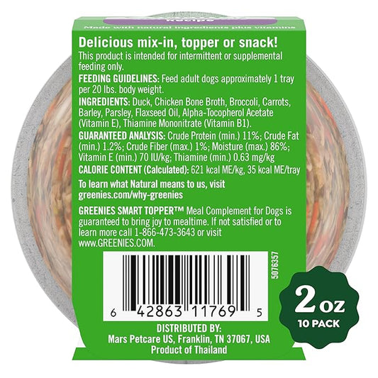 Greenies Smart Topper High Protein Wet Mix-in for Dogs, Duck, Broccoli, Carrots & Barley Recipe in Vitabroth™ Broth - Bone Broth + Vitamins E & B1, Pack of 10