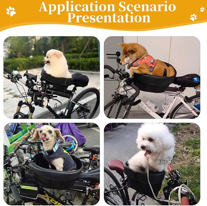 Dog Bike Basket, Adjustable Safety Strap Pet Bike Basket, Bike Dog Basket with Black Liner,for Up to 15lbs Small Dogs Cats Pets(Black)