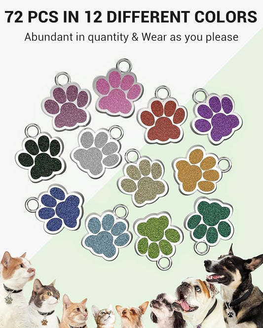 72 Pcs Dog Tags Personalized for Pets Glitter Paw Print Stainless Steel Dog Tag Cute Dog Name Tag Bulk Dog Tags Cat Tags for Wholesale (12 Colors)
