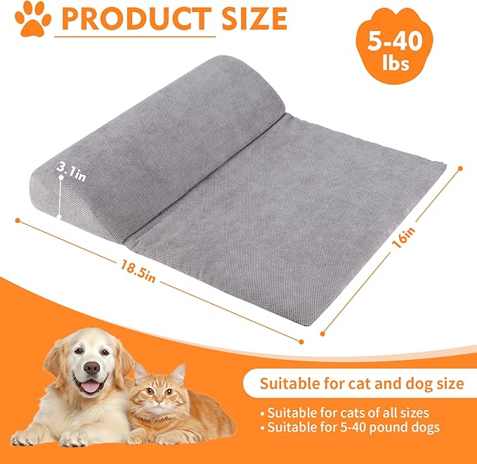 Dog Bolster Pillow with High Resilience Foam, Headrest for Large Dogs, Benefit for Cervical Vertebra and Neck, Easy to Carry, Machine Washable Cover&Easy to Clean(Grey)