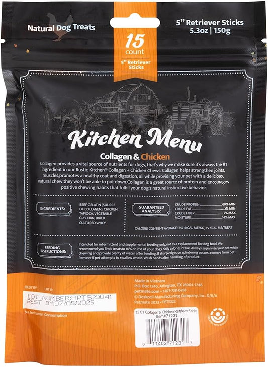 Collagen Chews for Dogs, Real Chicken, Dog Chews Long Lasting, Rawhide Free -15 Pack Collagen Sticks for Large, Medium, and Small Dogs