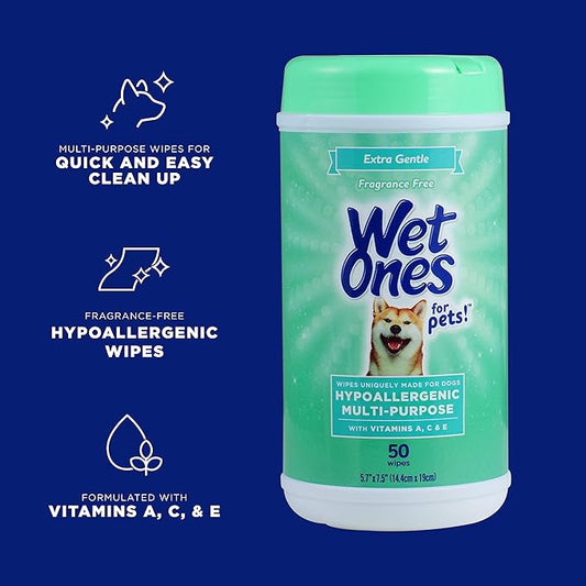 Wet Ones for Pets Multi-Purpose Dog Wipes With Vitamins A, C & E | Fragrance-Free Dog Wipes, Pet Wipes Multipurpose | Dog Grooming Wipes, 50 Count Canister