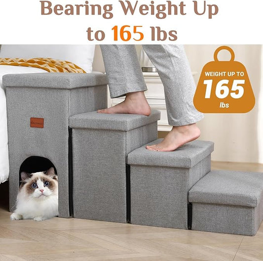 JOLLYVOGUE Dog Steps for Small Dogs, Cat Stairs with Storage, Non-Slip Dog Steps for Beds Couches, Folding Pet Stairs Helper for High Beds, Dog Ramp for Small Dogs and Cats or Pets Friendly, 4-Tiers